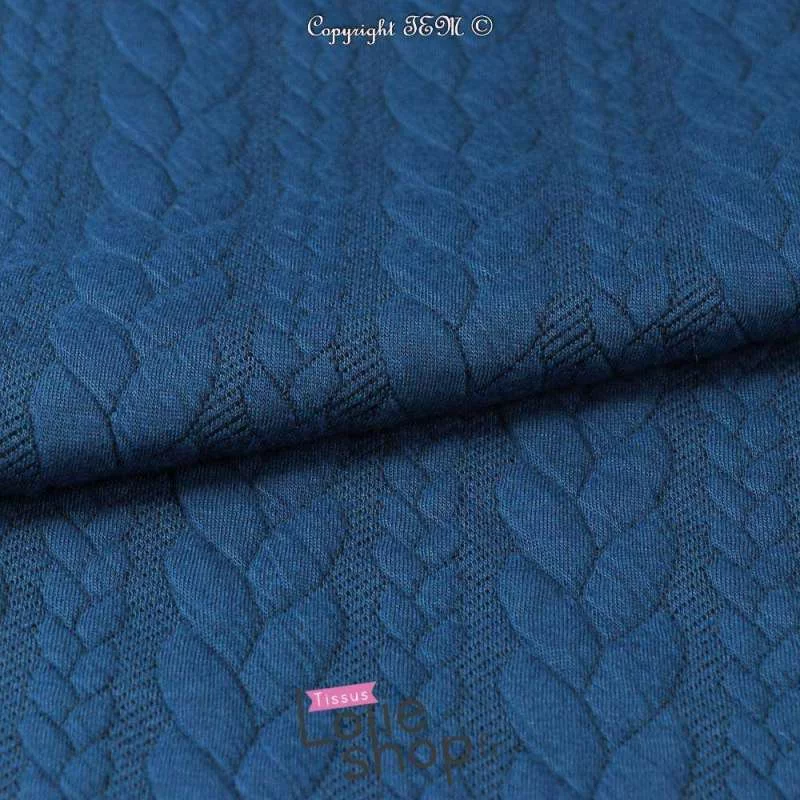 Tissu Jersey Matelassé à Motif Torsade Bleu Cobalt