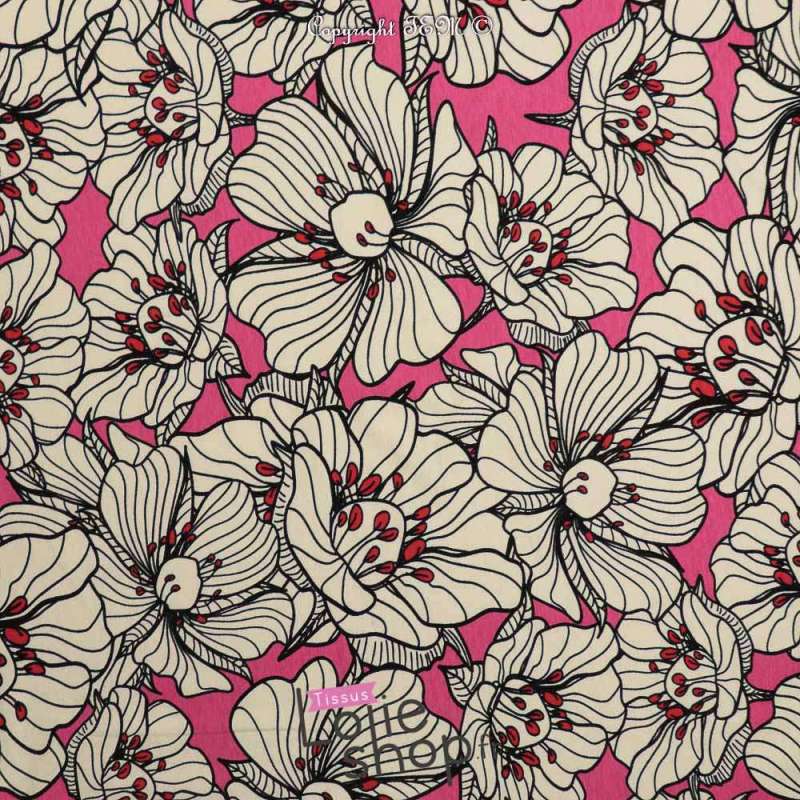 Jersey Coton Imprimé Motif Fleurs Fond Rose Fushia