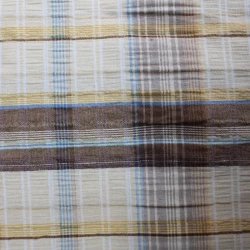 tissu coton polyester couleur jaune et marron et des bandes bleu