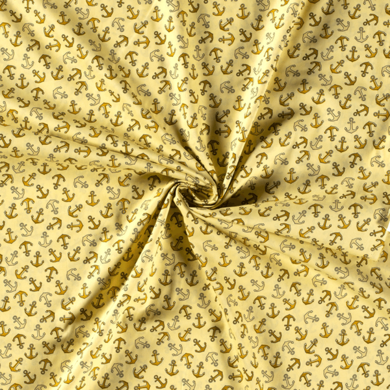 Tissu popeline de coton jaune motif mini ancres
