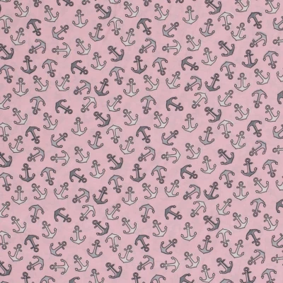 Tissu popeline de coton rose clair motif mini ancres vendu au mètres