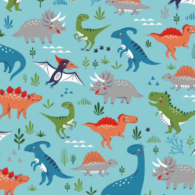 Tissus Jersey de coton aqua motifs petits dinosaures