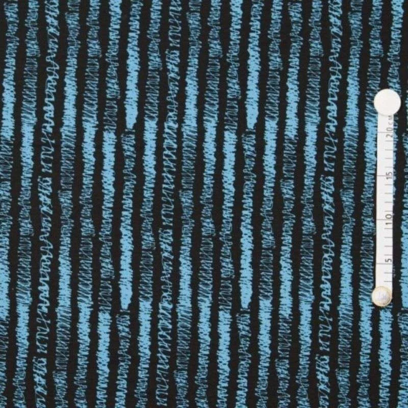 Tissus Jersey coton imprimé rayures irrégulières bleu sur fond noir