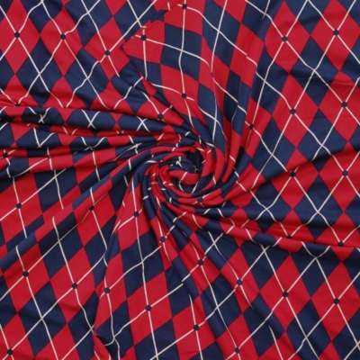 Tissu Jersey Coton motif losanges marine et rouge