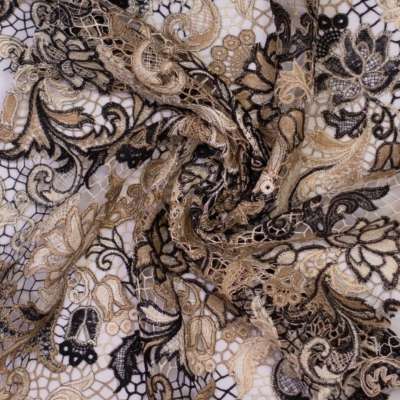 Tissu résille brodé motif floral beige/noir