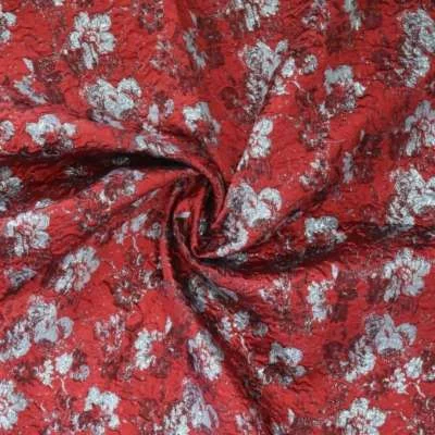 Tissu Jacquard rouge avec fleurs en lurex