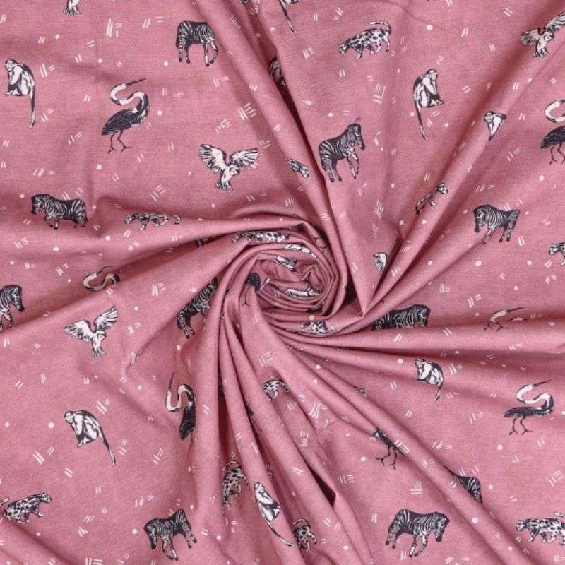 Tissu Jersey Coton Motifs Animaux Sur Fond Vieux Rose