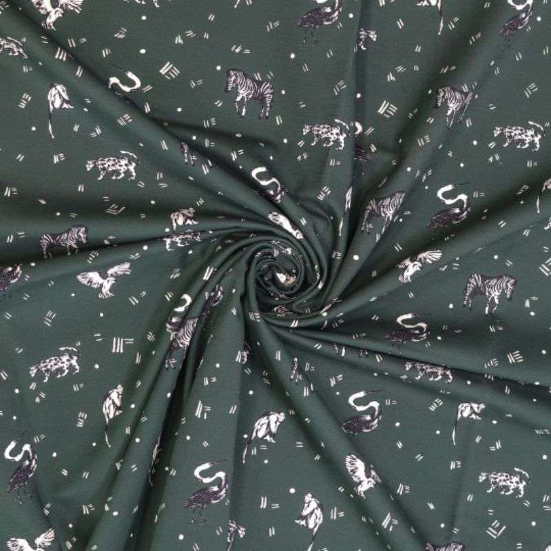 Tissu Jersey Coton Motifs Animaux Sur Fond vert foncé