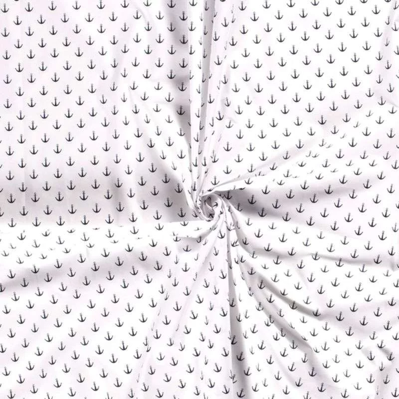 Tissus popeline de coton motif mini ancre noir sur fond blanc