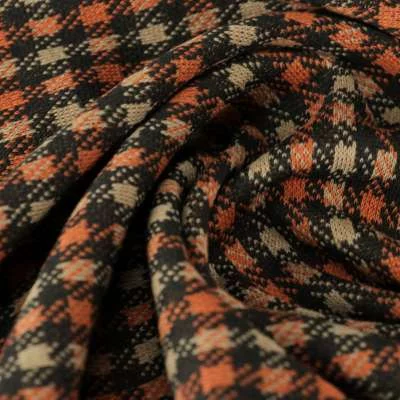 Tissu jacquard motif petits carreaux orange-beige-noir De Fabrication Française vendu au coupon