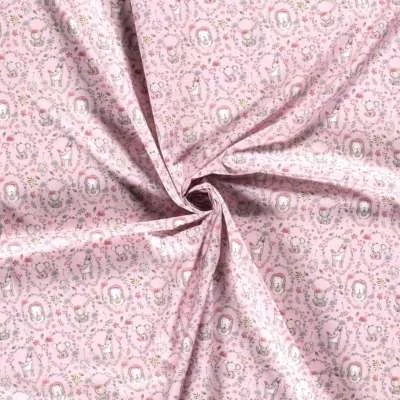 Tissu Popeline de Coton Imprimé Lapins et Gazelles sur Fond Rose