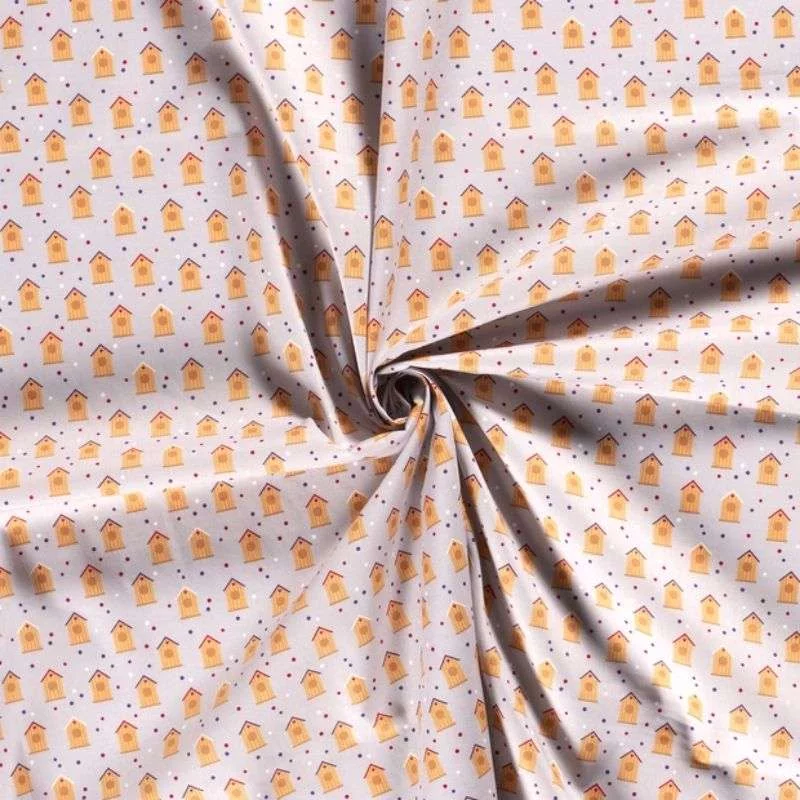 Tissu Popeline Coton motif cabane Sur Fond Gris