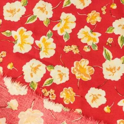 Fibranne viscose motif fleuri fond rouge
