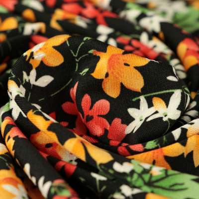 Tissu venezia lycra maillot de bain motif fleurs des champs  sur fond noir