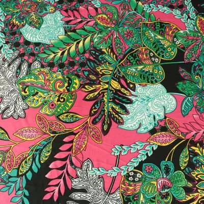 Tissu venezia lycra maillot de bain motif feuilles tropicale sur fond rose