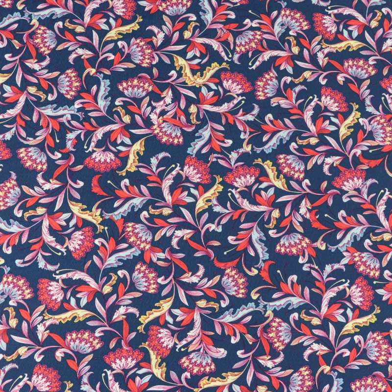 Microfibre Woolpeach Motif Fleurs-feuillages Imprimé En France Fond Marine Vendu Au Coupon