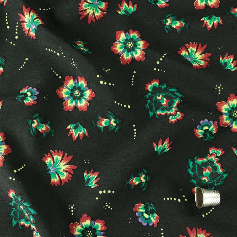 Fibranne viscose noir de haute qualité motif fleurs vendu au coupon