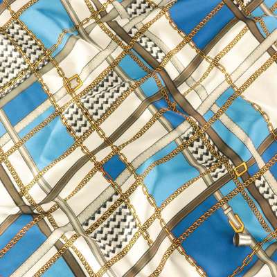 Satin toucher soie motif chaines ton bleu tissus imprimés en europe vendu au coupon