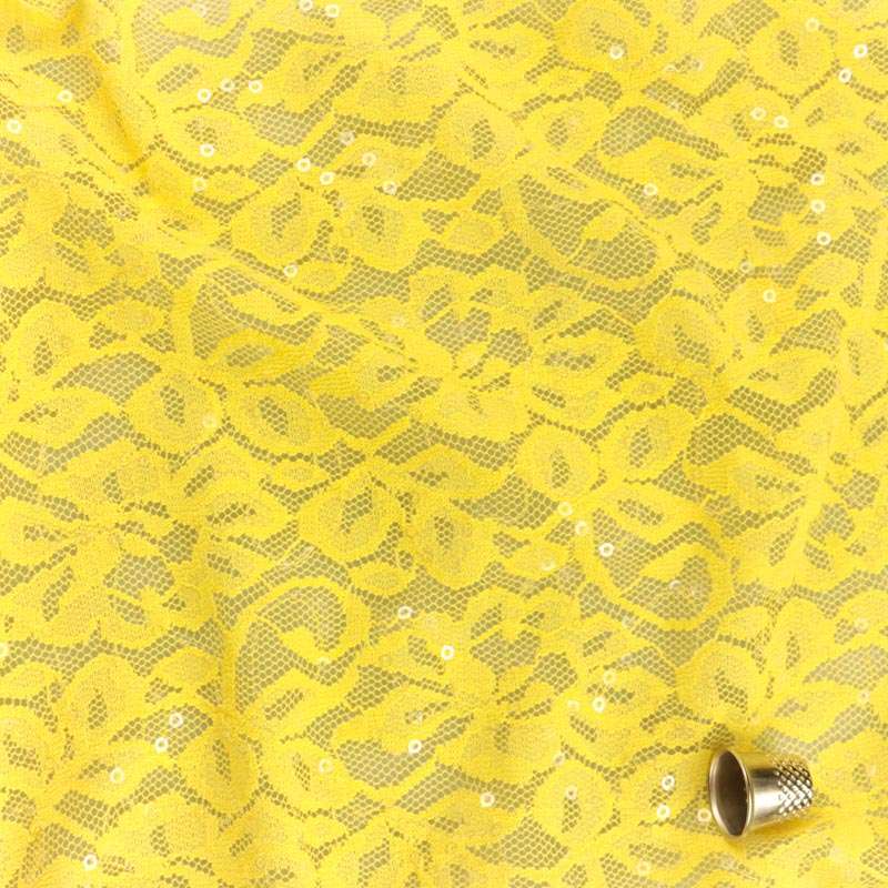 Tissu dentelle pailleté à sequins jaune vendu au coupon