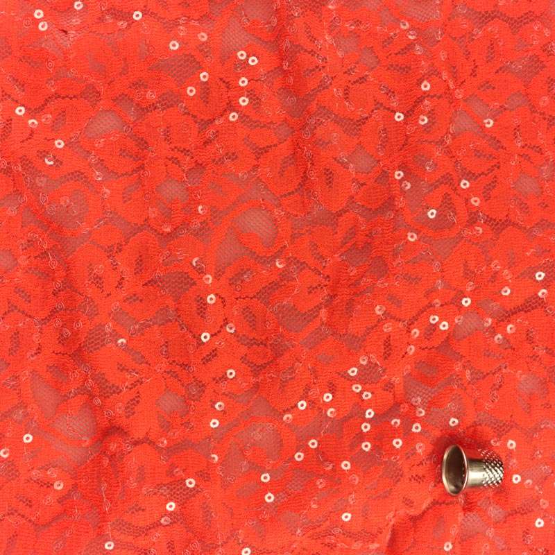 Tissu dentelle pailleté à sequins corail vendu au coupon