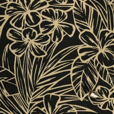 Tissu Jersey Polyester imprimé fleurs feuillage fond noir