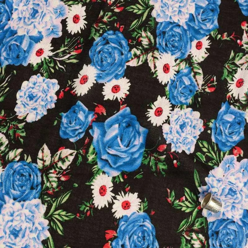 Fibranne viscose noir de haute qualité motif fleurs bleu vendu au coupon