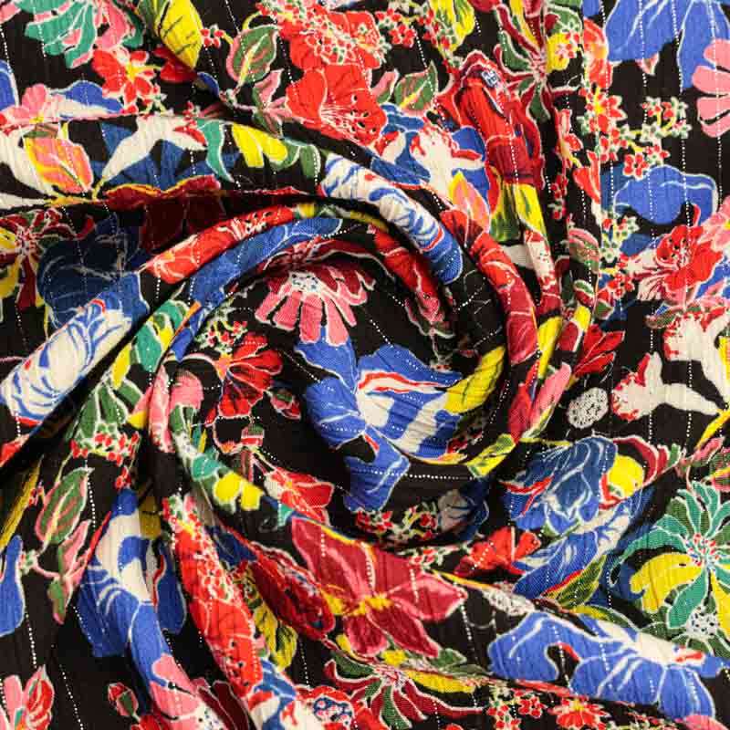 Crépon Viscose Lurex Motif Fleurs Fond Noir Vendu Au Coupon