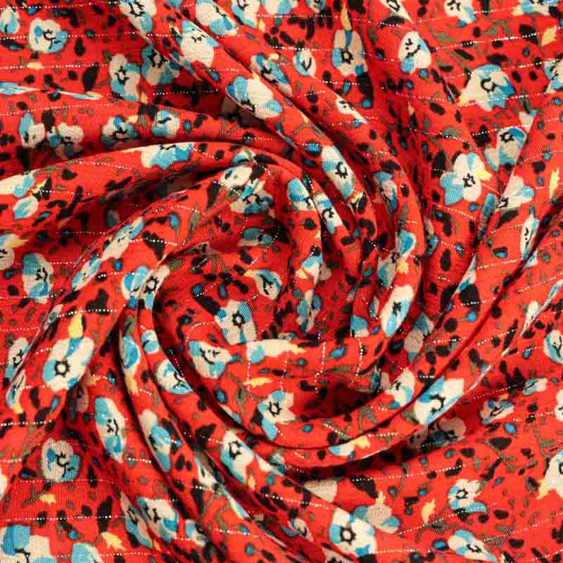 Crépon Viscose Lurex Motif Fleurs Fond Rouge Vendu Au Coupon