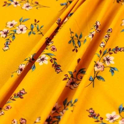 Tissu kimo motif jaune bouquet de fleurs au toucher très doux vendu au coupon
