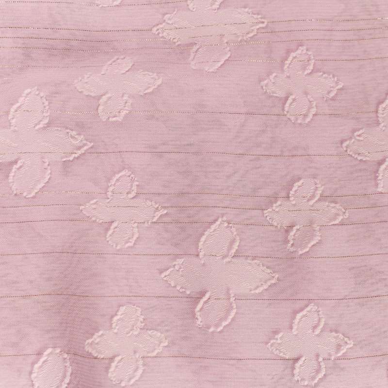 Mousseline rose fleurs à rayures lurex vendu au coupon