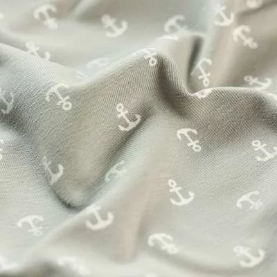 Tissu Jersey Coton Motif Ancre Sur Fond Gris