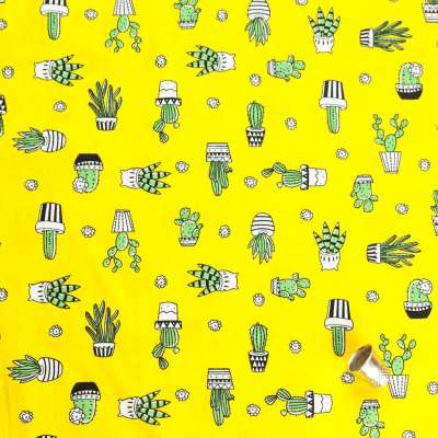 Tissu Coton Popeline Cactus Sur Fond Jaune