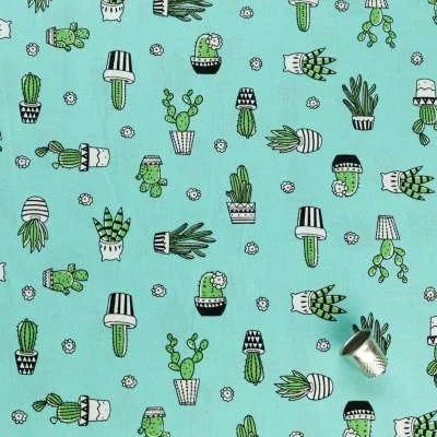 Tissu coton popeline Cactus Sur Fond vert d'eau