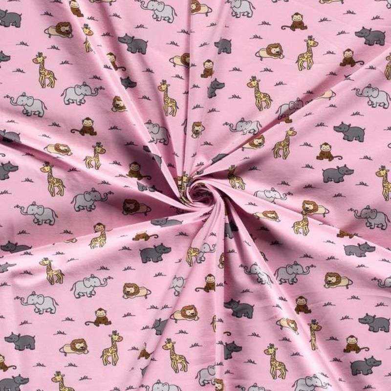 Tissu Jersey Coton Rose Imprimé Animaux De La Savane Vendu Au Coupon