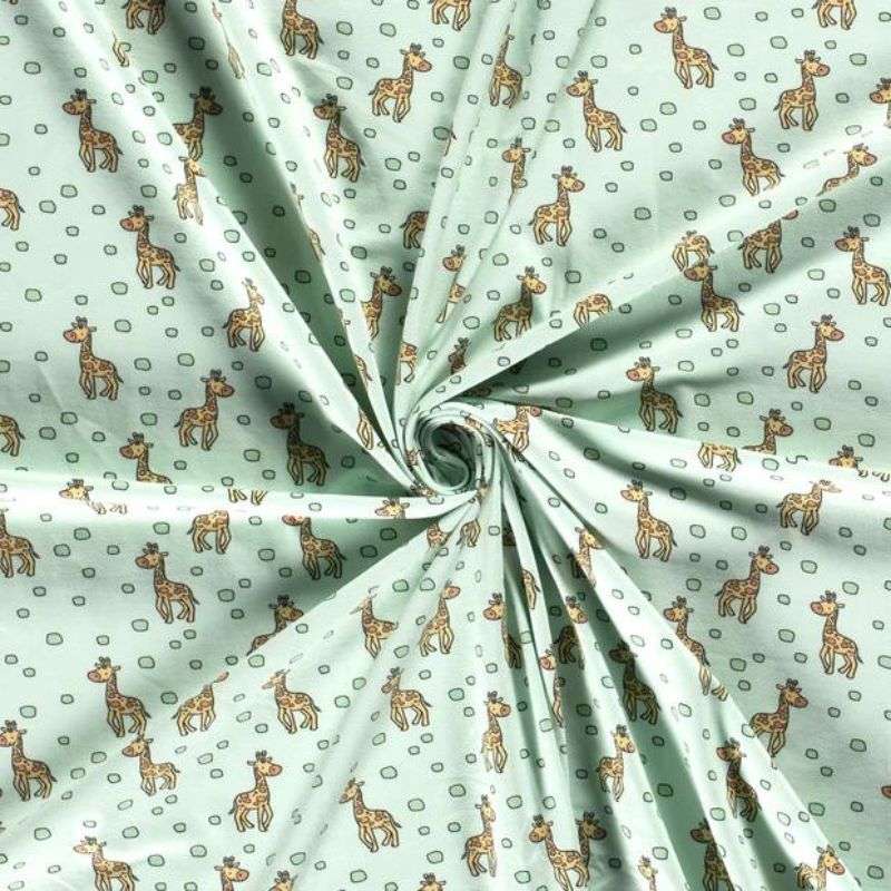 Tissu Jersey Coton menthe Imprimé Girafe Vendu Au Coupon