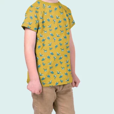Tissus jersey coton ocre motifs dinosaures