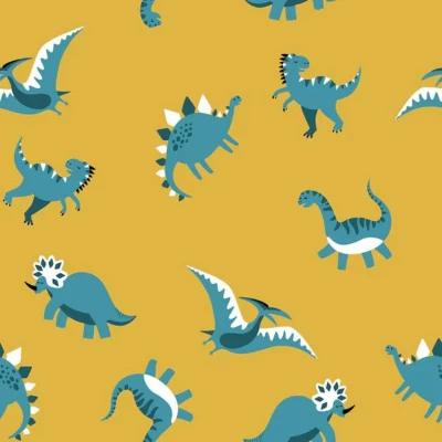 Tissus jersey coton ocre motifs dinosaures vendu au coupon
