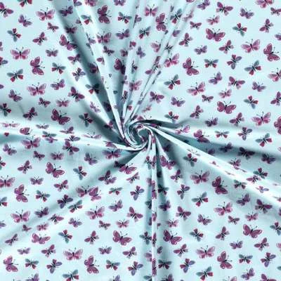 Tissus jersey coton turquoise motifs Papillons vendu au coupon