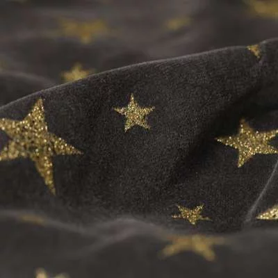 Tissu velours gris anthracite floqué avec étoiles doré - coussin réalisé avec le tissu