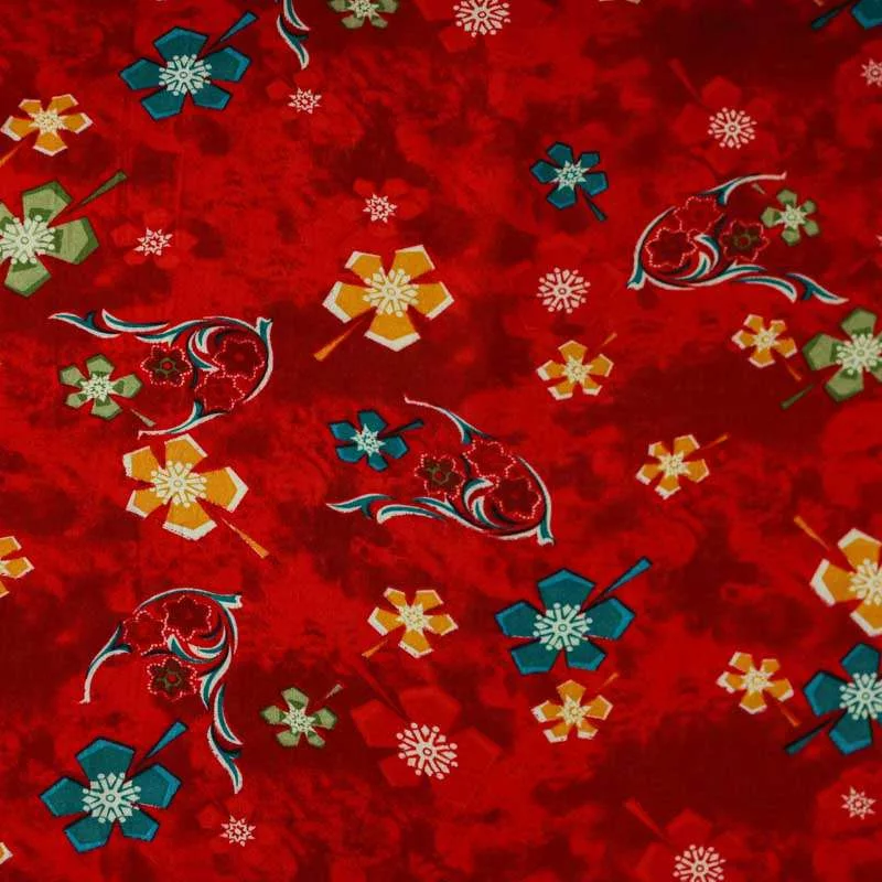 Tissu viscose a fleurs fond rouge pour robes vendu au coupon