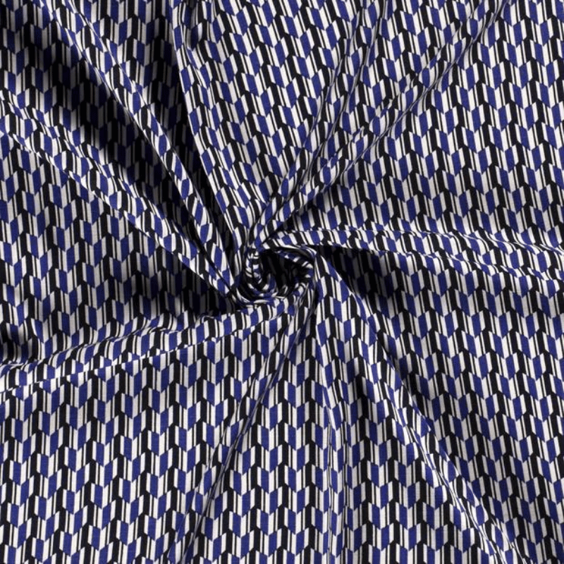 Tissu viscose extensible en chaîne et tram cobalt motif géométrique vendu au coupon