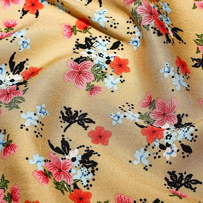 Tissu viscose jaune de haute qualité motif bouquet de fleurs de jasmin beige vendu au coupon