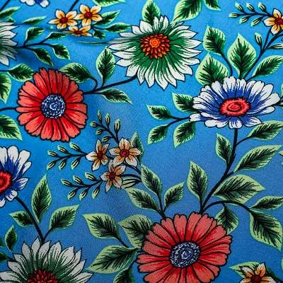 Tissu viscose de haute qualité fond bleu motif fleurs pour robes