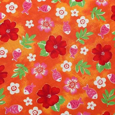 Tissu popeline de coton fond orange - Imprimé fleurs et poisson