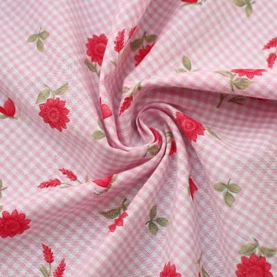 Tissu popeline de coton imprimé vichy rose et fleurs - Doux et floral