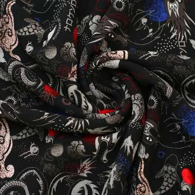 Tissus crêpe lyli imprimé sur dragon fond noir : qualité et style