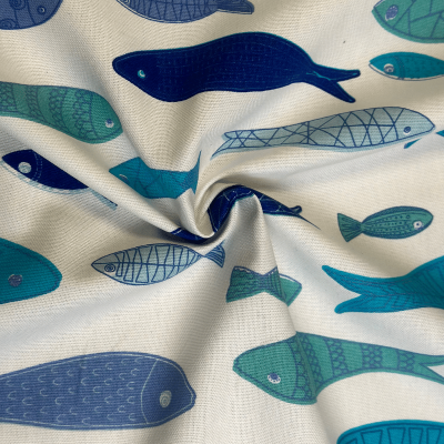 Gabardine Légère imprimée avec motif poissons bleus délicat pour création