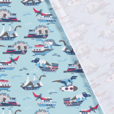 Tissu Jersey De Coton Bleu Clair Imprimé Dinosaures