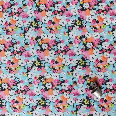 Tissu microfibre noir avec motif floral pastel multicolore