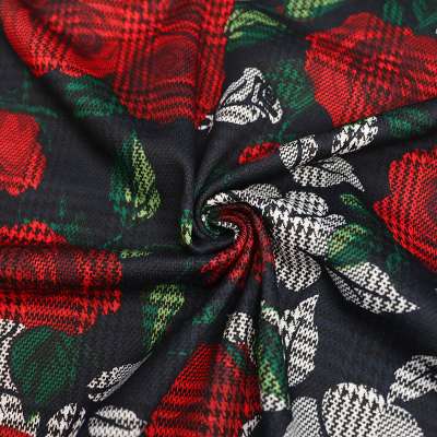 Tissu maille jacquard Prince de Galles fleuri en rouge et vert